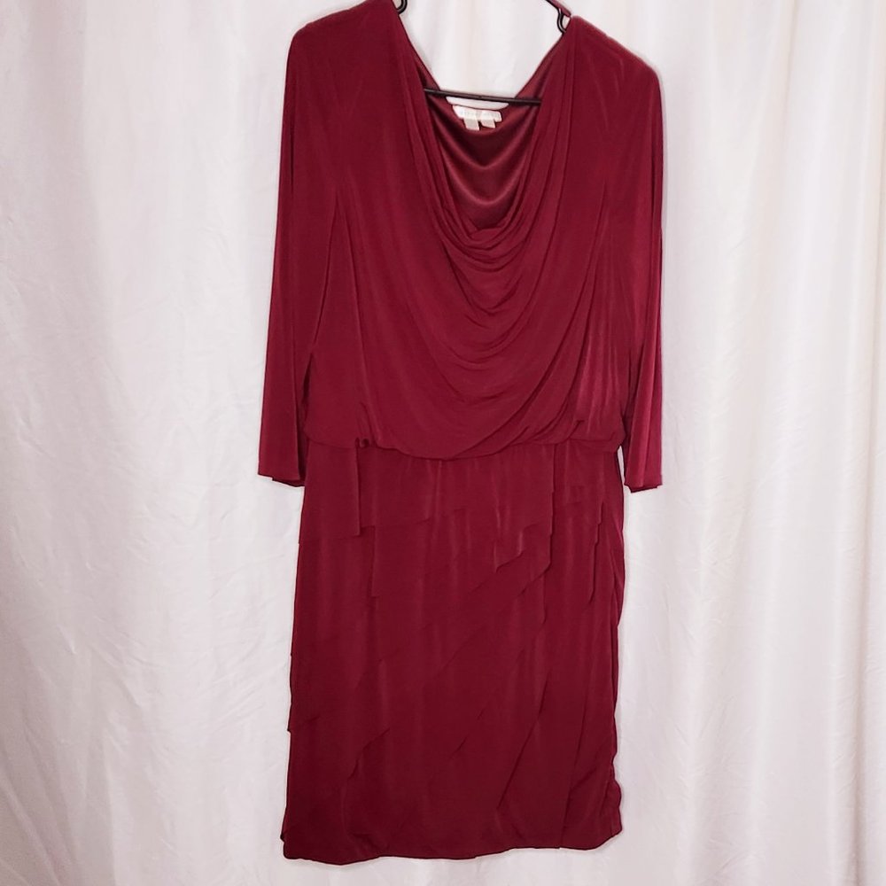 Dressy Dress 3/4 sleeved Cowl Neck Layered Burgundy Stretch Comfortable
